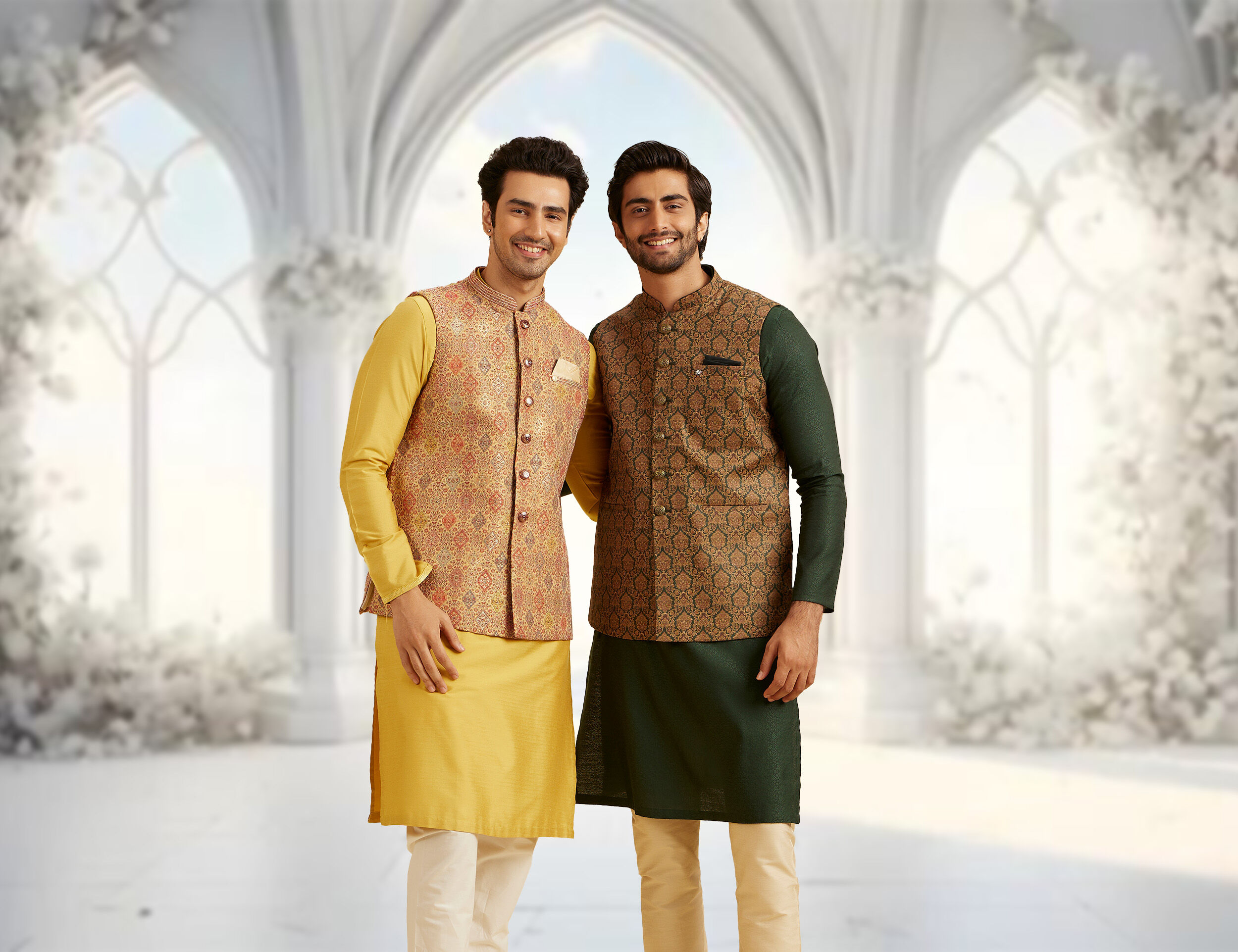 Man wearing a traditional Haldi outfit during a festive wedding photoshoot